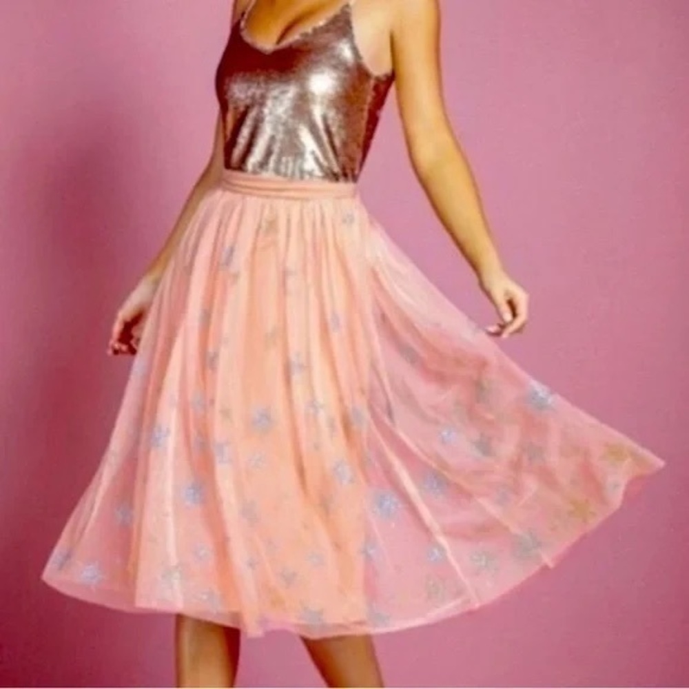 Gianni Bini Tulle Midi Skirt Size Medium Blush Pink Glitter Star Print
